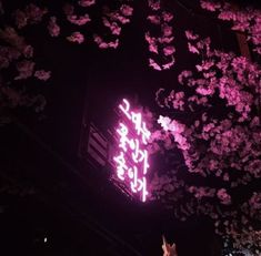 a neon sign that is lit up in the night sky with pink flowers on it