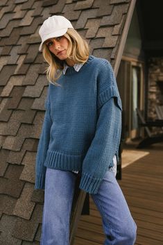 Josie Knit Sweater in Blue | böhme Barista Outfit Casual, Barista Outfits, Rich Girl Fashion, Simple Sweater, Yarn Ideas, Making Clothes, Simple Sweaters, Denim Jumper, Dream Aesthetic