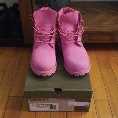 Authentic Pink Double Sole Timberland Boots (Classics) Worn Once!! Pink Low-top Leather Boots, Pink Leather Low-top Boots, High-top Pink Boots With Lug Sole, Pink High-top Boots With Lug Sole, Pink Low-top Boots With Rubber Sole, Casual Pink Boots With Rubber Sole, Casual Pink Boots With Reinforced Heel, Pink Leather Sole Round Toe Boots, Pink Boots With Leather Sole And Round Toe