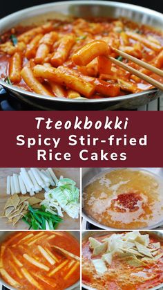 some food is being cooked in a pan with chopsticks and sauce on the side