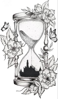 a drawing of an hourglass with flowers and butterflies around it on a white background