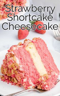 Strawberry Shortcake Cheesecake - Pass the Dessert Neapolitan Sheet Cake, Strawberry Cheesecake Eclair Cake, 3 Ingredient Strawberry Cloud Cake, Chilled Dessert Recipes, Strawberry Cake With Cheesecake Middle, Nursing Home Desserts, Pig Dessert Ideas, Cream Cheese Food Recipes, Bbq Potluck Dessert Ideas