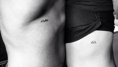 two people with tattoos on their stomachs, one has his and hers written on it