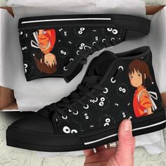 Chihiro Spirited Away Sneakers Ghibli High Top Shoes Fan Gift PT20 All of our High-Top Shoes are custom-made-to-order and handcrafted to the highest quality standards. Full canvas double sided print with rounded toe construction. Lace-up closure for a snug fit. Metal eyelets for a classic look Soft textile lining with lightweight construction for maximum comfort. High quality outsole for traction and exceptional durability. Please allow 3-7 days to receive a tracking number while your order is h Michael Jackson Shoes, Skull Shoes, Dr Shoes, Black Princess, Shoes Custom, Black High Tops, Mens High Tops, Painted Shoes, Crazy Shoes