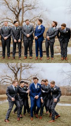 a group of men standing next to each other in front of a tree and wearing suits