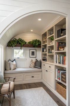 a room that has some bookshelves with plants on them and a bench in the corner