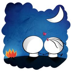 an image of two cartoon characters kissing in front of a campfire