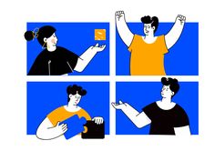 four different images of a woman with her hands in the air