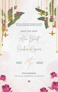 save the date card with pink flowers and greenery