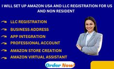 a woman with her arms crossed and the words i will set up amazon usa and llc registration for us and non resident