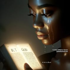 a woman holding an open book with the word but god written on it in front of her face