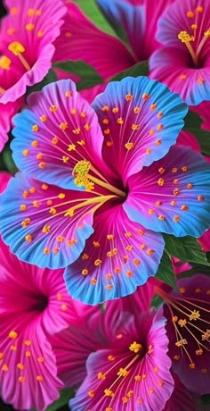 pink and blue flowers with green leaves