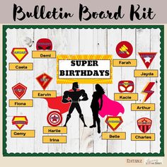 the bulletin board kit for superhero birthdays is displayed on a white wooden background with text that reads bulletin board kit