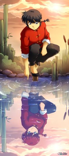 an anime character is standing in the water with his reflection on the ground and looking at him