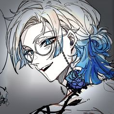 an anime character with blue hair and glasses holding a flower in his right hand while looking at the camera