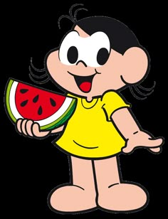 a cartoon girl holding a slice of watermelon