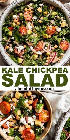 kale chickpea salad with tomatoes, onions and spinach in a bowl