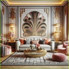 a living room with couches, chairs and lamps on the walls is decorated in art deco style