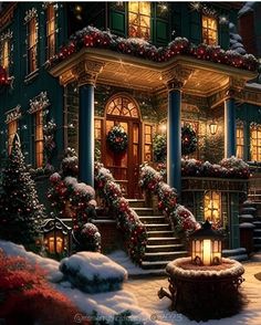 a christmas scene with a lit up house