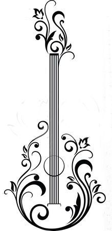 a black and white drawing of an acoustic guitar with swirly vines on the neck