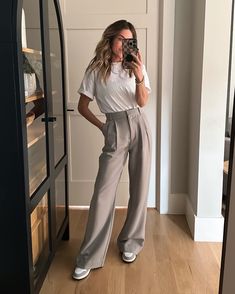 THIS IS SO GOOD! - The Sister Studio Tailored Pants Outfit Women, Tailored Pants Outfits, Business Outfits For Women Skirt, Skirt Office Outfits Women, Sneaker Business Casual Women, Business Casual Maxi Dress, Sloane Tailored Pant Outfit, Tailored Wide-leg Pants For Business Casual, Slacks With Sneakers Women