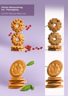 three different images of cookies with the words photo retouing for packaging on them