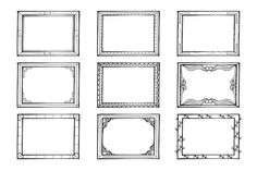 a set of nine different frames with decorative ornaments on the edges, each one drawn in black and white