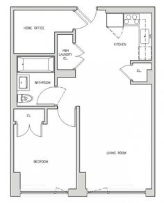 the floor plan for a one bedroom apartment with an attached bathroom and living room area