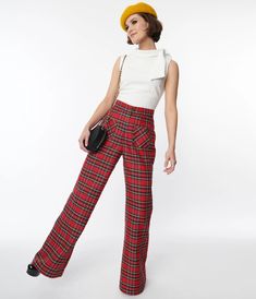 These chic 1950's style Smak Parlour wide leg pants are crafted in a red plaid woven blend and feature a thick waistband that is secured by a front zipper and button closure. Complete with front functional pockets and faux back pockets. Imported100% PolyesterHand Wash Cold, Line DryUnlined, Front Zipper With Button ClosureFront Pockets, Faux Back PocketsMaterial Has No StretchModel Pictured Wearing Size 1X; 1X Length 46.5"; 33.5" InseamModel Info: Height: 5'8" | Waist: 34" | Hips: 41" | Bust: 40 1960's Style, Holiday Party Outfit, Holiday Party Dresses, Style Blouse, Plus Size Pants, 1960s Fashion, Tie Blouse, 1950s Fashion, Professional Outfits