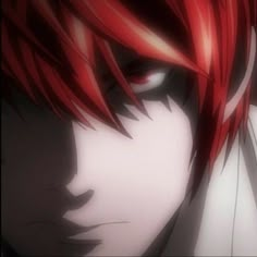 an anime character with red hair and white shirt looking to his left, while staring at the camera