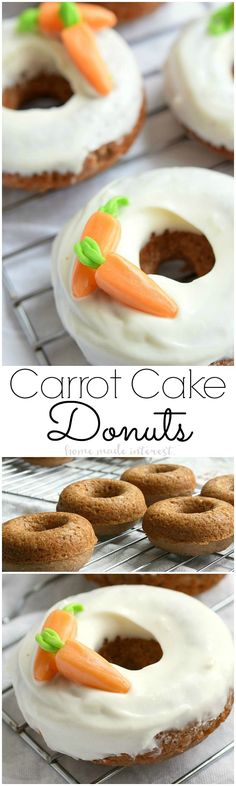 carrot cake donuts with white frosting and icing on top are shown in three different views