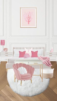 a bedroom with white walls and pink accents on the bed, chair, coffee table and rug