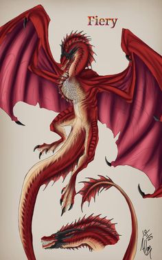 a drawing of a red dragon sitting on top of it's hind legs and wings