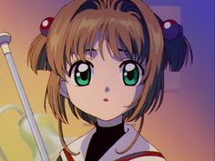 an anime character with green eyes holding a cane