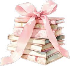 a stack of books with a pink bow on top