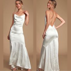 two pictures of a woman in a white dress and one is wearing a backless gown