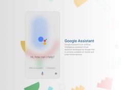 the google assistant app is displayed on an iphone screen with colorful geometric shapes around it