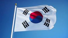 the south korean flag is flying high in the blue sky