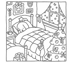 a black and white drawing of a bed in a bedroom with christmas decorations on the walls