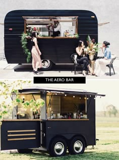 an old trailer converted into a mobile bar with people sitting at the table and eating outside