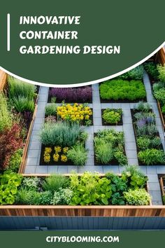 Innovative container garden with various plants and flowers in neat, square sections. Container Gardening Design, Container Garden Design