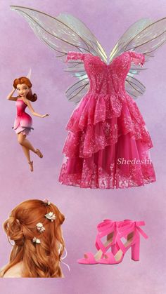 a pink dress with angel wings on it, and two pairs of high heeled shoes