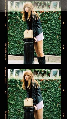 two pictures of a woman leaning on a pole with her legs crossed and wearing short shorts