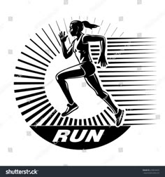 the silhouette of a running woman with sunbursts on her head and text run