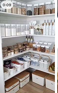 two pictures side by side with food in the bottom and on the right, there is a pantry filled with various items