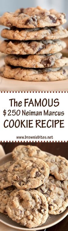 the famous chocolate chip cookies recipe is shown in front of a stack of cookies on a plate