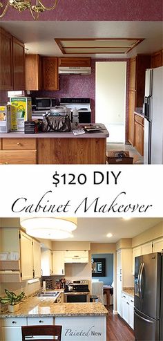 the kitchen and dining room are for $ 120 diy cabinet makeover