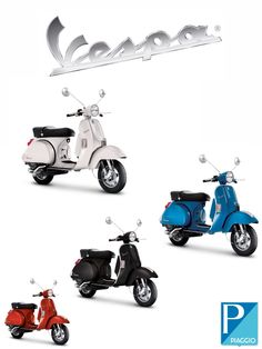 four different scooters are shown with the word vespa in silver letters