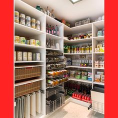 a large pantry with lots of food and drinks on it's shelving units