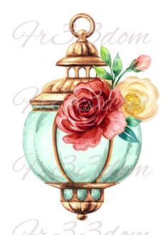 a watercolor painting of a lantern with flowers on it